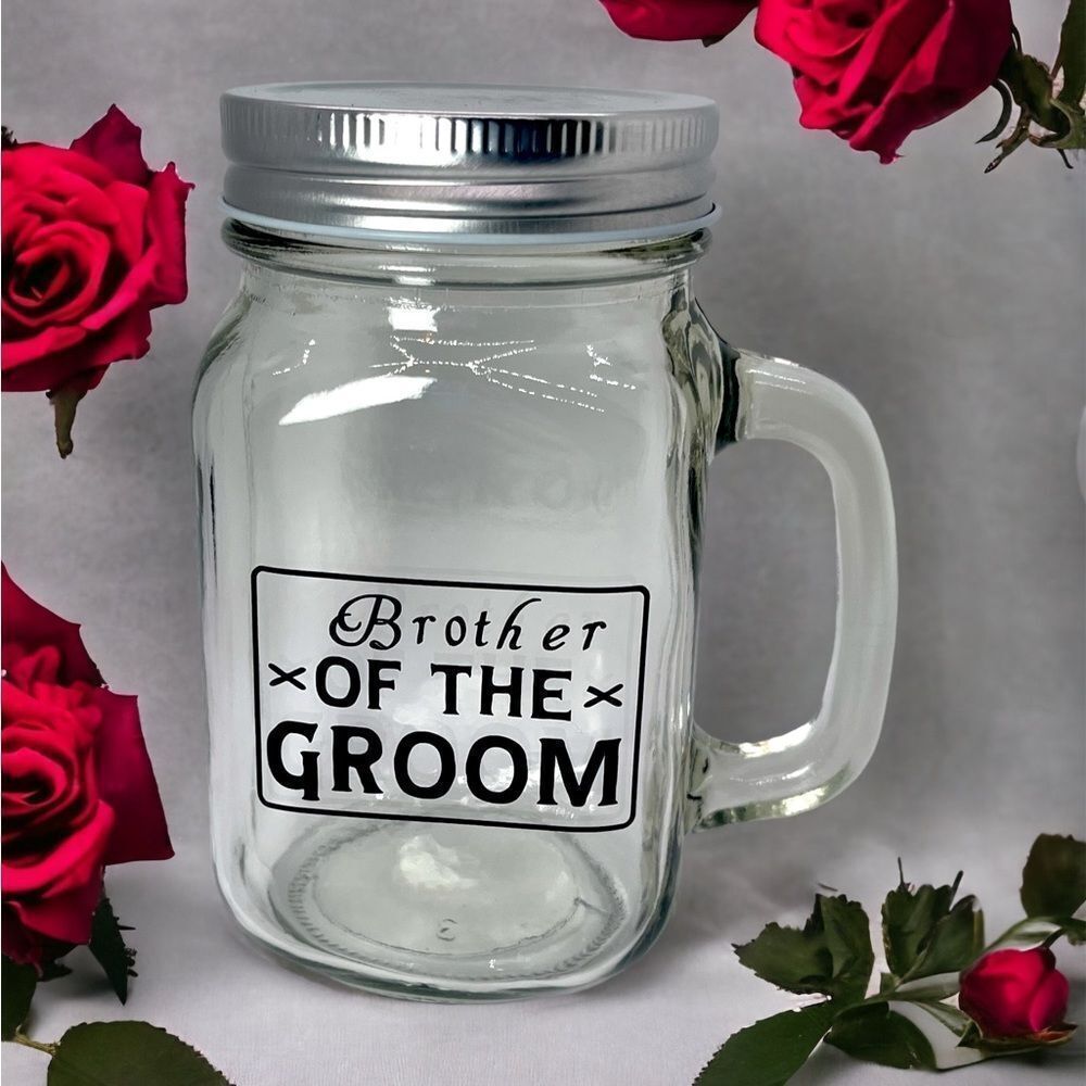 NWT Wool + Pepper Co. BROTHER OF THE GROOM Glass Mason Jar Cup with Handle